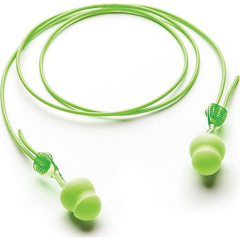 Bouchons d'oreille vert clair avec un cordon sur fond blanc. Chaque embout a une forme ronde et une petite pointe.