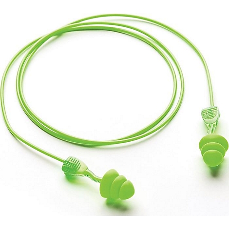Bouchons d'oreille vert clair avec cordon sur fond blanc.