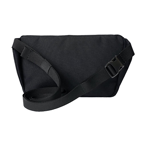 Rückseite einer schwarzen Gürteltasche mit verstellbarem Gurt und Kunststoff-Steckschnalle auf weißem Hintergrund.