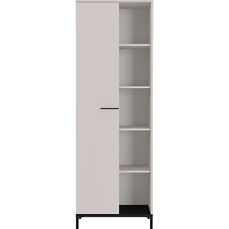 Lichtgrijze kast, een deel is gesloten, de andere met open planken.