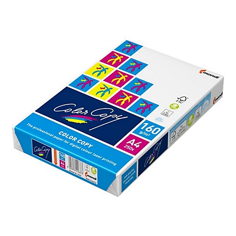 Eine Packung Mondi Color Copy A4 Papier mit 160 g/m² in weiß-blauer Verpackung mit farbigem Muster.