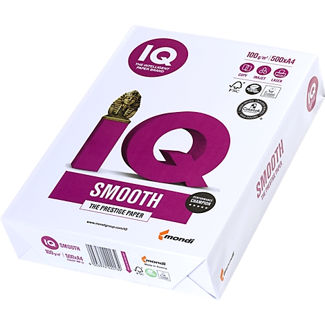 Wit papieren pak met paarse tekst. Logo's en de tekst "IQ Smooth" zijn gedrukt.