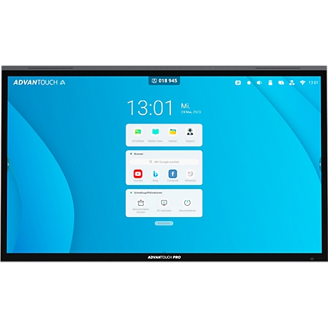 Un écran tactile avec un fond bleu et diverses applications. L'heure est 13h01.