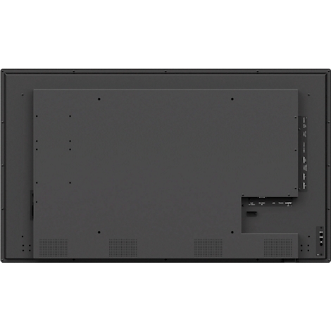 Dos d'un écran plat sombre. Ports et fentes de ventilation visibles. Les coins sont arrondis.