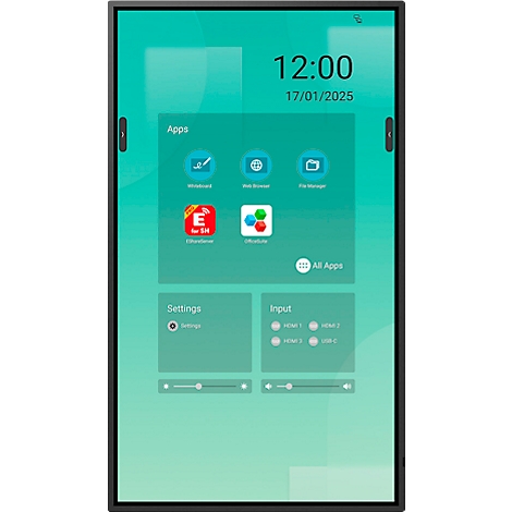 Un écran noir rectangulaire affiche une interface d'application avec des icônes et l'heure 12:00. La date est le 17/01/2025.