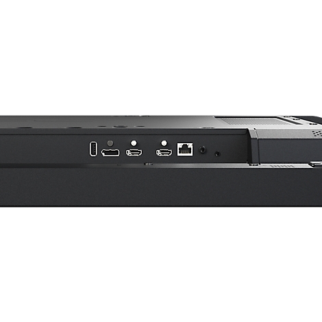 Gros plan sur les prises de connecteur noires : USB, HDMI, Ethernet et entrées audio.