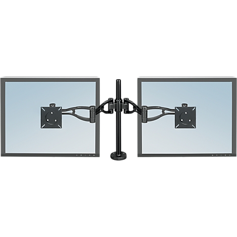 Two monitors on a black monitor arm, front view.