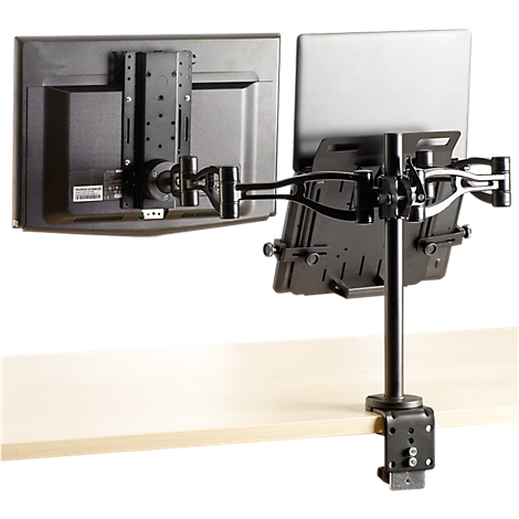 A mounting system for a monitor and a laptop, fixed to a tabletop.