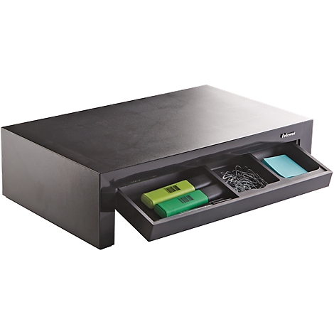 Black desk organizer with open drawer. Inside: markers, paper clips, sticky notes.