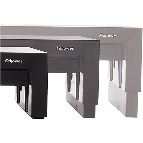 Three adjustable monitor stands in black, gray, and light gray, with the "Fellowes" logo.