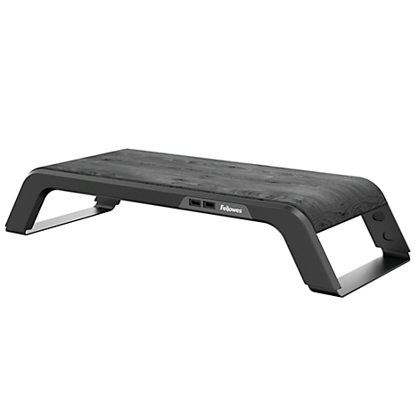 Black monitor stand with wood look and 'Fellowes' lettering.
