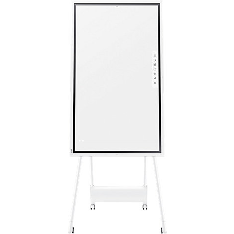 White interactive whiteboard on a white tripod stand. Black frame, controls on the right, wheels on the frame.