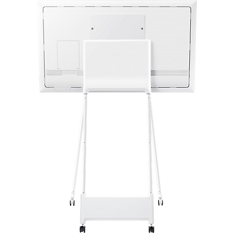 Rear view of a white, rolling interactive display. The display stands on a white frame with castors.