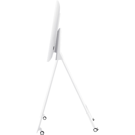 A white, free-standing display, viewed from the side. It stands on a white, tripod stand with castors.