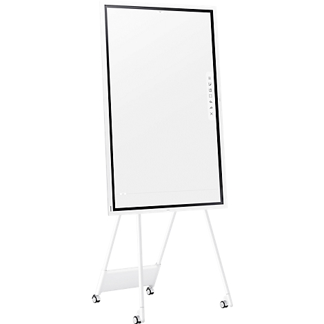 White, mobile whiteboard with a black frame on a white stand. The board has a control panel with symbols.