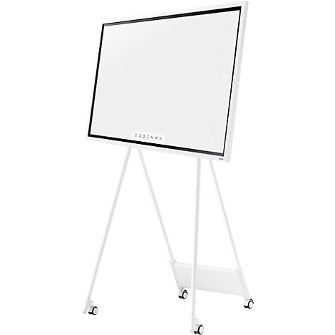 White interactive whiteboard on a white stand with wheels, black frame.