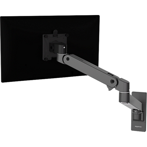 Schwarzer Monitor mit Arm an der Wand. Der Monitor ist an einem verstellbaren Arm befestigt.