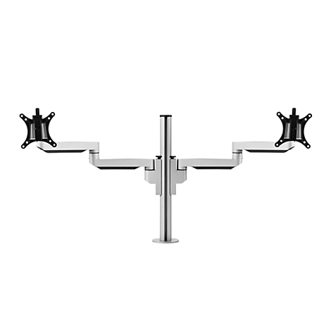 Doppelmonitorhalterung aus Metall mit zwei Halterungen für Bildschirme und zentraler Säule.