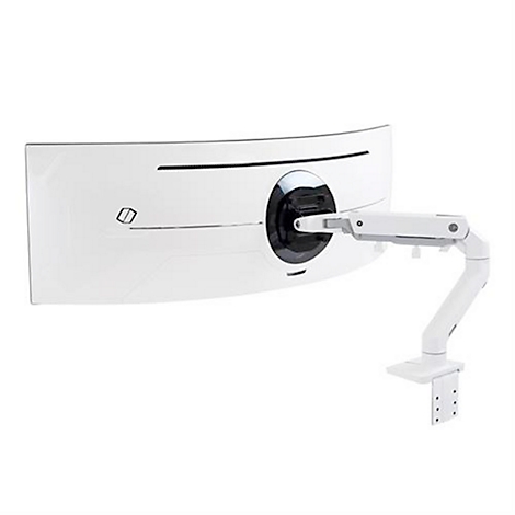 Ein weißer, gewölbter Monitor mit verstellbarem Arm, vor weißem Hintergrund.