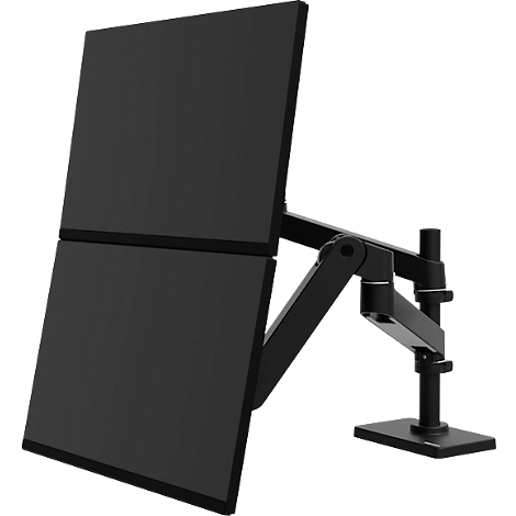 Zwei schwarze Monitore, befestigt an einem schwarzen Monitorarm, der auf einer rechteckigen Basis steht.