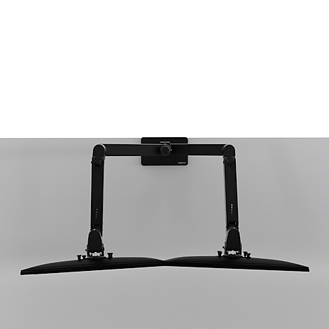 Schwarze Monitorhalterung mit zwei Monitoren an grauer Wand. Flexibel und verstellbar.