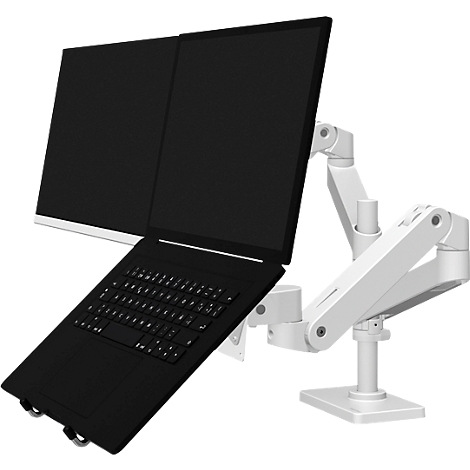 Schwarzer Laptop und Bildschirm mit weißem Monitorarm, der auf einem quadratischen Sockel steht.