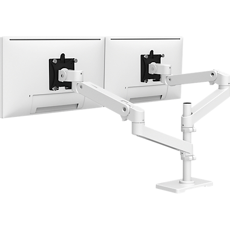 Zwei weiße Monitore mit verstellbaren Armen, vor weißem Hintergrund.