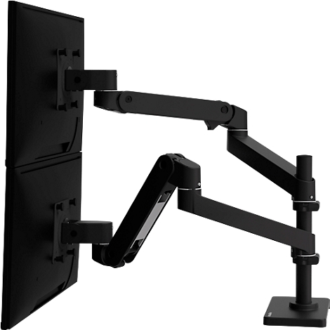 Zwarte monitorarm met twee monitoren. De arm is bevestigd aan een standaard, de monitoren zijn boven elkaar geplaatst.