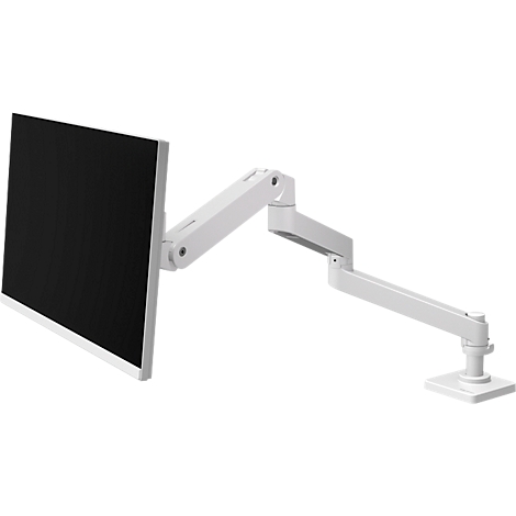Witte monitor met zwenkarm. De monitor is met een beugel bevestigd aan een witte arm, die aan een voet is bevestigd.