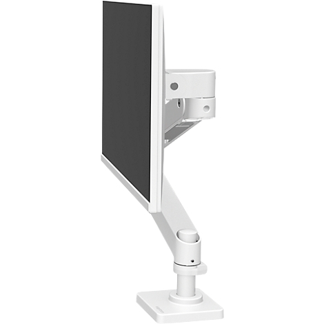 Witte monitorarm met zwart scherm, van opzij gefotografeerd, op een witte achtergrond.