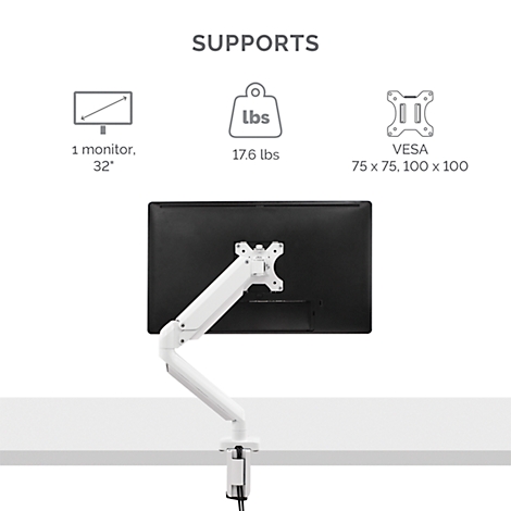 Witte monitorarm die een zwarte monitor vasthoudt. Boven staan de specificaties voor ondersteuning.