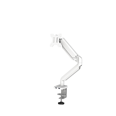 Een witte monitorarm tegen een witte achtergrond. De arm is gebogen en bevestigd met een tafelklem.