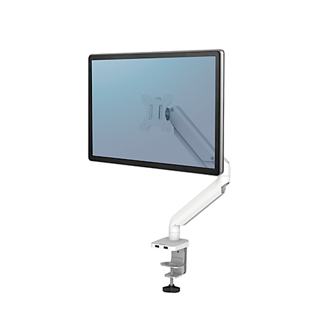 Een witte monitor op een bureau. Het scherm is blauw en bevestigd aan een beweegbare arm. De arm is bevestigd aan een bureauklem.