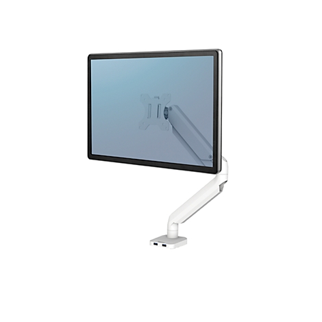 Witte monitor met beugel, tegen een witte achtergrond. De monitor is lichtblauw en toont een montagepatroon.