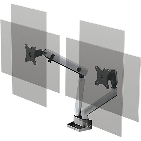 Dual-Monitor-Halterung, silbergrau. Halterung für zwei Bildschirme, an virtuellen grauen Rechtecken angebracht.