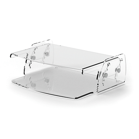 Transparenter Dokumentenhalter aus Acrylglas mit zwei Ablageflächen. Die Elemente sind durch Metallschrauben verbunden.