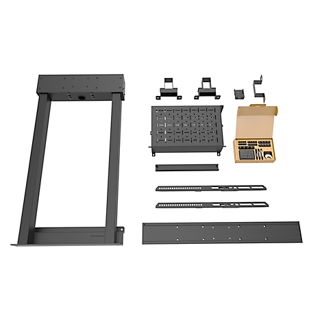 Zerlegte Netzwerk-Rack-Teile: Gestell, Blenden, Lochplatten, Schrauben.