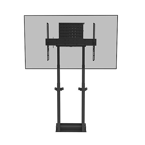 Een zwarte tv-standaard met een bevestigd scherm. De standaard heeft een stabiele basis, twee kolommen en een beugel voor het scherm.