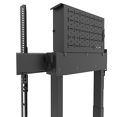 Zwarte metalen tv-standaard met gaten, rechthoekige vorm, twee steunen, close-up.