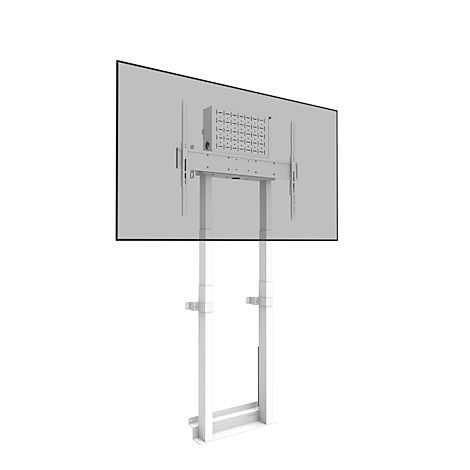 Een witte tv-standaard met een groot, lichtgrijs scherm staat op een witte achtergrond.