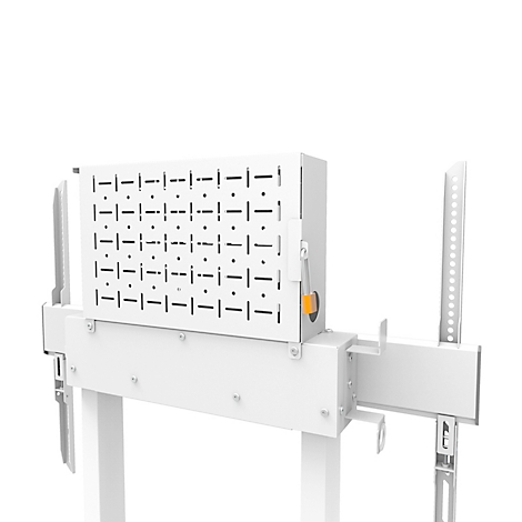 Een wit metalen apparaat met een rechthoekige, geperforeerde plaat en een oranje knop, bevestigd aan een beugel.