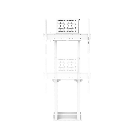 Een witte, vrijstaande presentatiestand gemaakt van metaal, met verschillende niveaus voor productpresentatie.