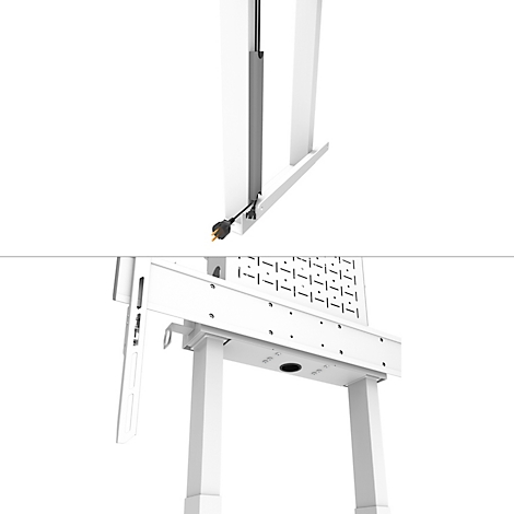 Detailopname van een witte, in hoogte verstelbare bureau. De focus ligt op de componenten van de basis, inclusief kabelbeheer.