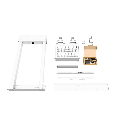 Een zwart scherm op een witte, in hoogte verstelbare tv-standaard. De standaard heeft twee pilaren met schroefsloten en een rechthoekige basis.