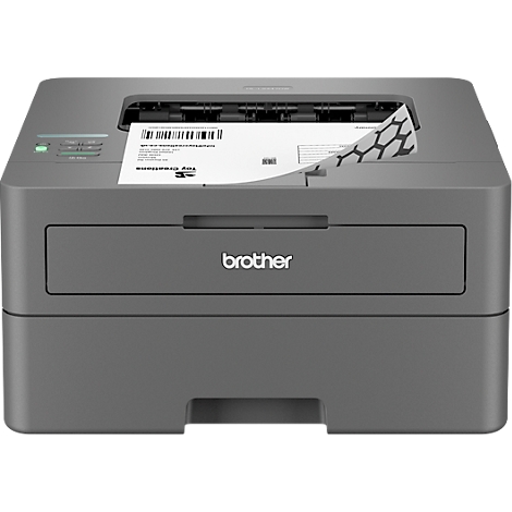 Grauer Brother-Laserdrucker, druckt ein Blatt Papier mit Barcode und Firmenlogo. Die obere Abdeckung ist leicht geöffnet.