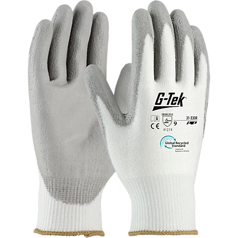 Twee witte werkhandschoenen met grijze handpalmen en vingertoppen, G-Tek logo en certificeringen.