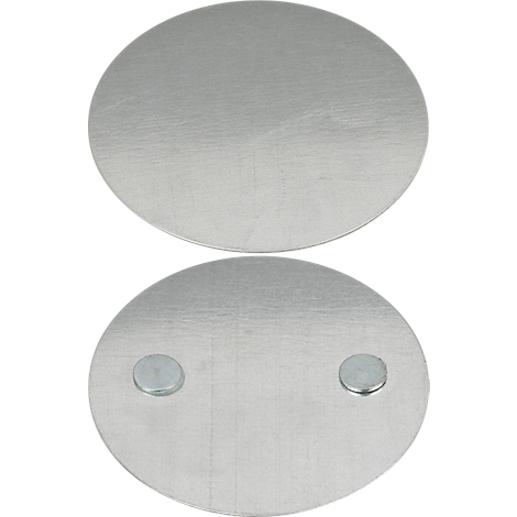 Zwei runde, flache Metallplatten mit einer matten Oberfläche und jeweils zwei kleinen, runden Magneten.