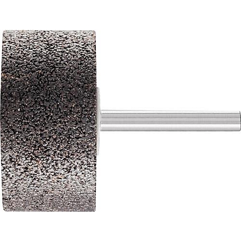 Cilindrische slijpcilinder, cilindrisch en ruw, met metalen steel. De cilinder is grijs-zwart, de steel is metaalkleurig.