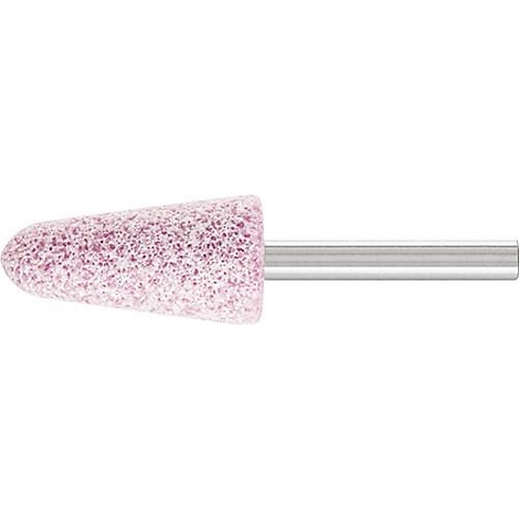 Kegelvormige slijpschijf met roze slijpoppervlak en zilveren schacht.