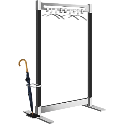 Metal coat rack with hangers and umbrella stand.